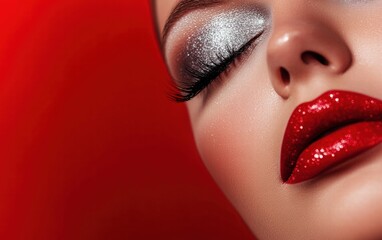 Obraz premium Glamorous makeup with silver eyeshadow, thick lashes, and red lips on a bright festive background