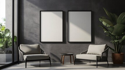 Modern living room with two elegant chairs and blank frames, featuring indoor plants and a serene ambiance.
