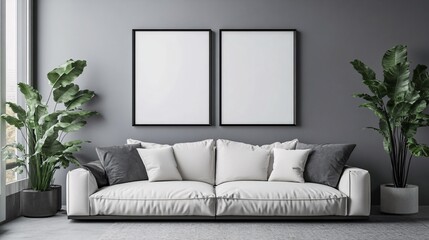 A modern light grey sectional sofa adorned with plush pillows, flanked by tall green plants against a minimalist wall.