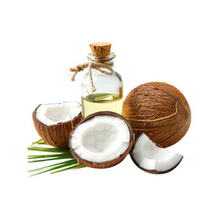 Coconut oil bottle with coconut isolated on a transparent background