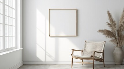 A serene, minimalist living space featuring a wooden chair and a blank frame, with soft natural light streaming through the window.
