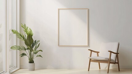 Minimalist living space featuring a clean chair and a faux plant, with natural light streaming through large windows.