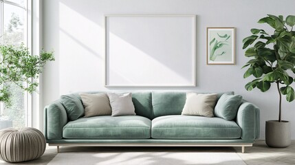 Cozy living room featuring a soft green sofa with neutral cushions and a leafy plant, creating a serene atmosphere.
