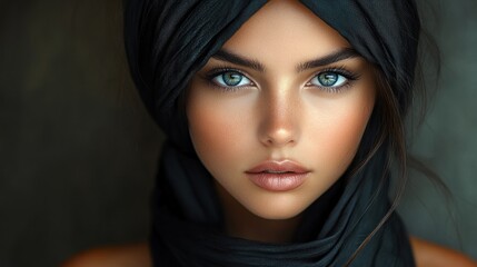 Close-up portrait of a young woman with striking blue eyes, wearing a dark headscarf.