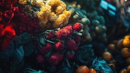 Fresh produce on display at a vibrant market with a variety of fruits and vegetables in the morning light