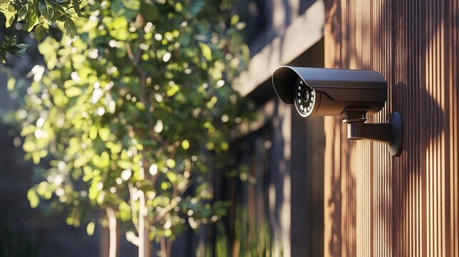 A sleek security camera mounted on a wooden wall, surrounded by lush greenery, offering peace of mind in a modern outdoor setting.
