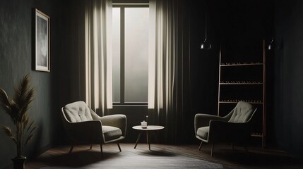 Obraz premium A cozy, dimly lit living room featuring two armchairs and a small round table, creating a serene atmosphere.