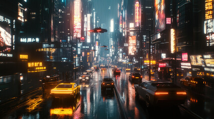Vibrant night cityscape illuminated by neon lights with futuristic vehicles on a rainy street in an urban environment