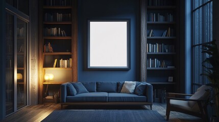 Cozy living room featuring a blue sofa, soft lighting, and a blank canvas framed on a dark wall.