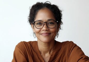 Fototapeta premium Professional woman with curly hair and glasses smiling warmly, representing confidence, positivity, and approachability in a modern work environment