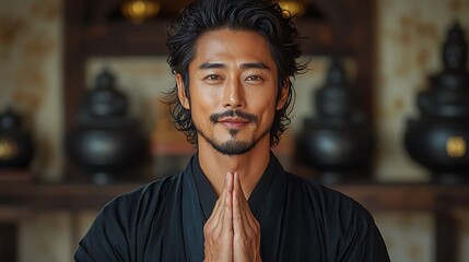 an Thai man named ton, around 54 years old, with a neat hairstyle, is wearing a formal outfit in black. He stands in a confident pose, giving a namaste gesture with his hands together at chest 
