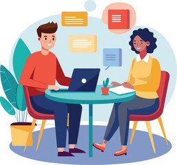 Partners meeting for business discussion with documents and laptop on desk. Couple at round table, speaking, discussing work, partnership. Flat vector on a white background