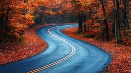 Fototapeta premium Beautiful winding road through vibrant autumn forest landscape during sunset