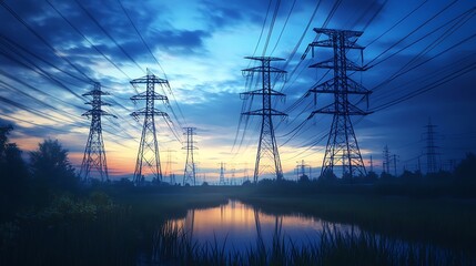 Electricity Transmission Towers at Sunset: A Stunning Silhouette