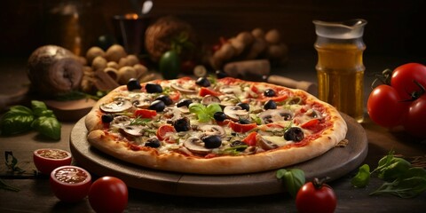 Scrumptious Pizza with Pepperoni, Mushrooms, and Olives on a Rustic Wooden Table