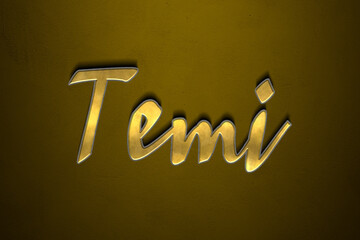 Old gold text effect of Nigerian Pidgin name Temi with 3D glossy style Mockup.