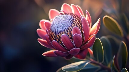 Beautiful pink protea flower blooming in the early morning light showcasing its delicate petals and unique texture