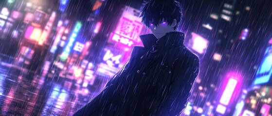 Fototapeta premium Dark figure in rain-soaked alley surrounded by neon lights at night in an urban setting