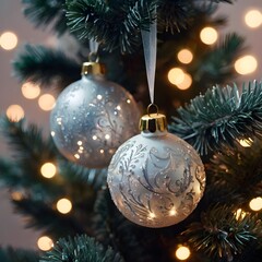A close-up of glittering ornaments hanging from a frosted Christmas tree, surrounded by twinkling fairy lights,Generative Ai
