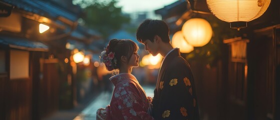 Fototapeta premium A couple dressed in traditional attire embraces in the snow, surrounded by charming old buildings illuminated by lanterns on a serene winter evening.