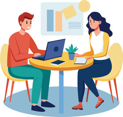 Partners meeting for business discussion with documents and laptop on desk. Couple at round table, speaking, discussing work, partnership. Flat vector on a white background