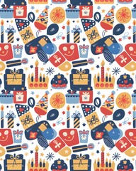 Birthday Celebration Pattern with Gifts, Cakes, and Balloons.