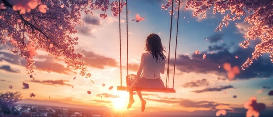 Fototapeta premium Girl on swing under cherry blossom trees during sunset with petals falling in a serene garden setting