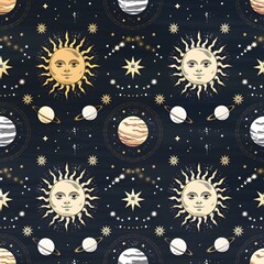Vintage Celestial Pattern with Sun, Moons, and Stars.