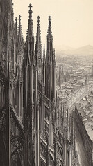 Vintage engraving of a cathedral with ornate spires.