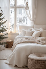 Fototapeta premium Minimalist Rustic Light Beige and White Christmas Bedroom with Soft Natural Light