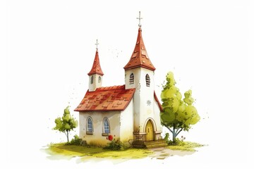 Watercolor illustration of a white church with a red roof and two steeples. Children's Book Illustration