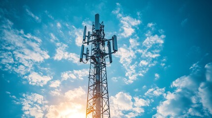 A cell tower stands tall against a backdrop of blue skies and fluffy white clouds.