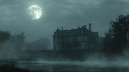 Naklejka premium A spooky mansion sits on the edge of a lake under a full moon.