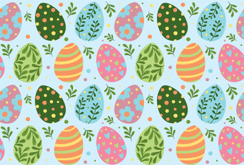 Seamless pattern with colorful easter eggs and leaves. Hand drawn cute background 	