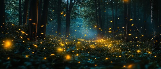 Sunset illuminates a magical forest with glowing fireflies in deep woods