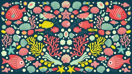 Colorful Marine Life Pattern with Fish and Coral.