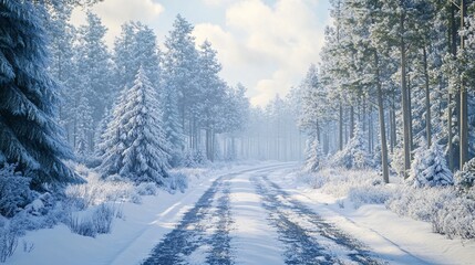 A serene winter landscape featuring a snow-covered road winding through tall pine trees.