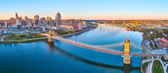 Aerial Panorama of Cincinnati Skyline and Roebling Bridge at Golden Hour