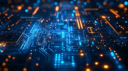 Obraz premium Microchip Microprocessor Circuitry - 3D Illustration of a Computer Chip with Blue and Orange Lights.