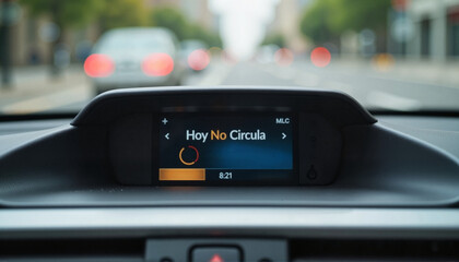 Car Dashboard Displaying "Hoy No Circula" Notification with Quiet Street Background