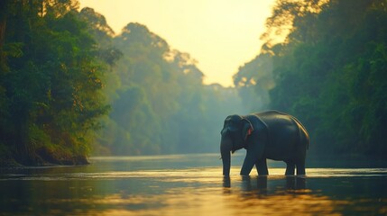 Obraz premium Elephant Drinking from River at Sunrise in National Park