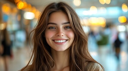 Obraz premium A young woman with long brown hair and a big smile is standing in front of a blurred background.