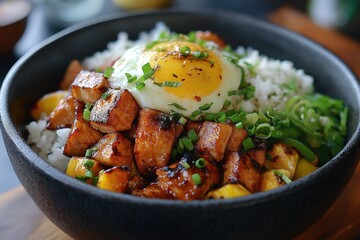 Traditional Hawaiian dish featuring grilled tofu, rice, and a sunny-side-up egg for modern food lovers