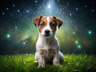 Night Photography: Adorable Jagterrier Puppy on Green Lawn - Cute Dog Pictures