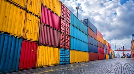 Fototapeta premium Colorful Stack of Stacked Shipping Containers at a Port.