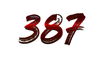 3D blood red number design of 387 on white background.