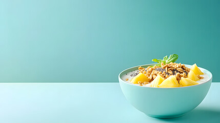 vibrant tropical smoothie bowl featuring pineapple chunks, granola, and mint. Perfect for refreshing breakfast or snack!