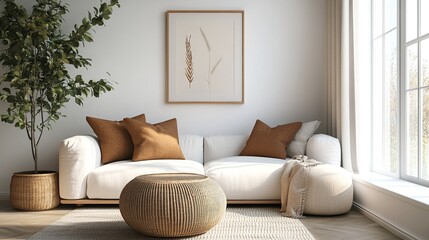 A Minimalist and Natural Living Room with White Sofa, Potted Plant, and Woven Pouf.