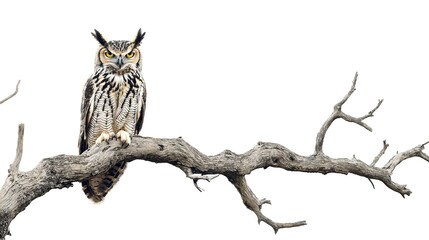 Obraz premium Eagle Owl On Dry Tree Branch isolated on white background