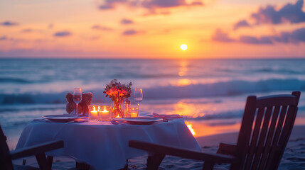 Romantic beachside dinner setting at sunset with candles and floral decoration
